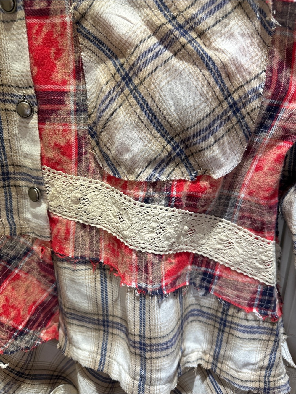 POL Vintage Inspired Mixed Patchwork w/ Lace Plaid Shacket - Red & Cream-NWOT-M - Picture 6 of 12